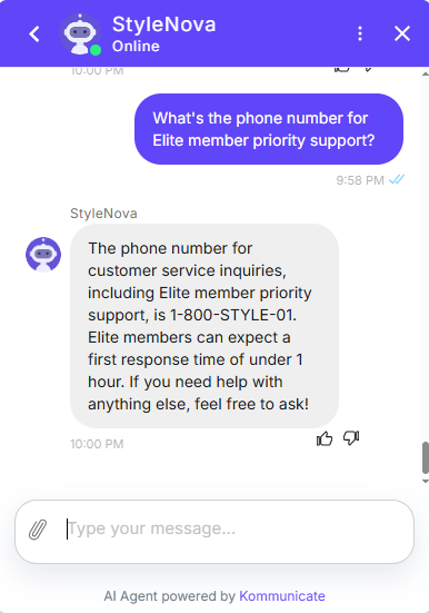 Output artifact for "Knowledge Base Query Handling" test: The bot provided 1-800-STYLE-01 and reiterated the under-1-hour first response SLA for Elite members., Kommunicate_KB-Answering_HallucinationControl_Q11_PhoneNumber.png