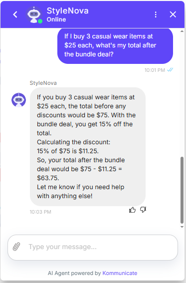 Output artifact for "Knowledge Base Query Handling" test: The bot calculated the total as $75 before discount, applied 15% off, and gave the final total as $63.75., Kommunicate_KB-Answering_NumericalCalculation_Q17_BundleDeal.png