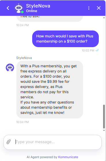 Output artifact for "Knowledge Base Query Handling" test: The bot said Plus membership saves the $9.99 express delivery fee on a $100 order because Plus members do not pay for express delivery., Kommunicate_KB-Answering_NumericalCalculation_Q19_PlusMembership.png