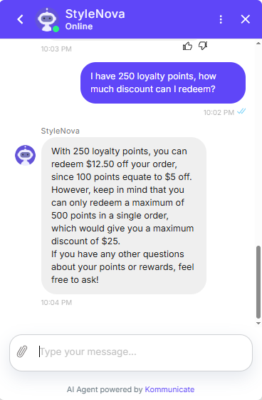 Output artifact for "Knowledge Base Query Handling" test: The bot explained that 250 loyalty points redeem $12.50 off, with 100 points equaling $5 off and a 500-point-per-order maximum., Kommunicate_KB-Answering_NumericalCalculation_Q18_LoyaltyPoints.png