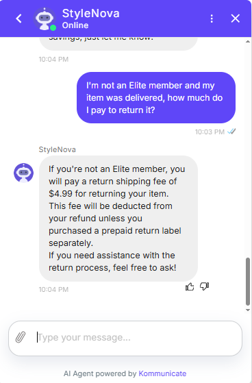 Output artifact for "Cross-Document Order Reasoning" test: The bot answered that non-Elite members pay a $4.99 return shipping fee, deducted from the refund unless a prepaid return label was purchased separately., Kommunicate_KB-Answering_PolicyEdgeCase_Q20_NonEliteReturn.png