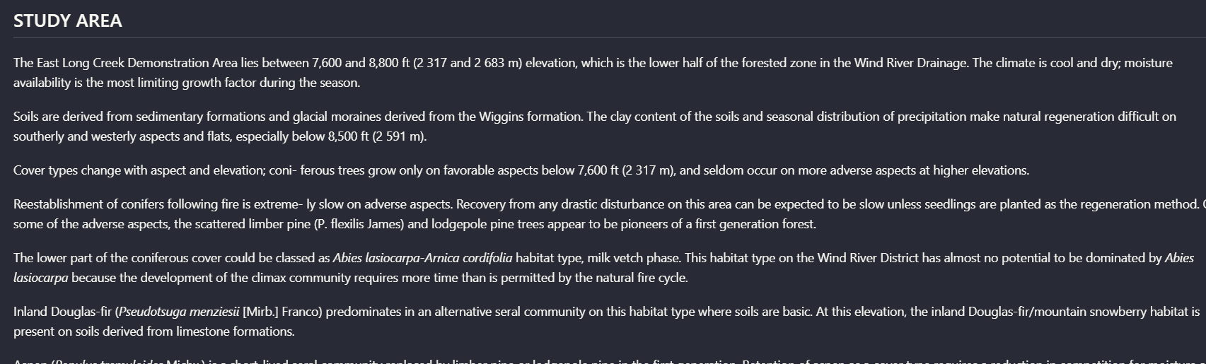 Output artifact for "Document hierarchy and reading-order reconstruction" test: On the scanned multi-column page, Landing AI OCR'd the 'STUDY AREA' section into a coherent block of text and kept related paragraphs grouped under that heading, landing-ai-hierarchy-preserved-forest-study-area-text.png