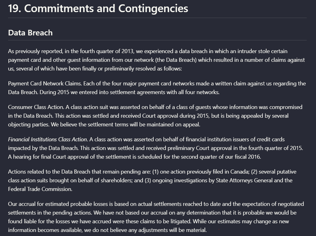 Output artifact for "Document hierarchy and reading-order reconstruction" test: Landing AI preserved the section heading, subsection title, and the full body paragraphs from the Target annual report section. In this example, the reading flo, landing-ai-parsed-commitments-contingencies-data-breach.png