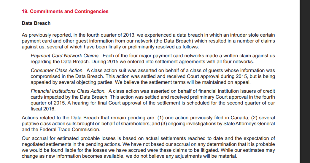 Input artifact for "Document hierarchy and reading-order reconstruction" test: Target annual report section titled '19. Commitments and Contingencies' with the 'Data Breach' subsection., landing-ai-target-annual-report-commitments-contingencies-data-breach.png