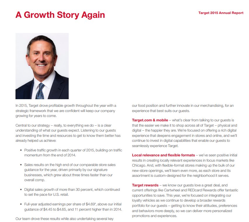 Input artifact for "Document hierarchy and reading-order reconstruction" test: Target annual report page titled 'A Growth Story Again' with a portrait and bullet points., landing-ai-target-annual-report-growth-story-page.png