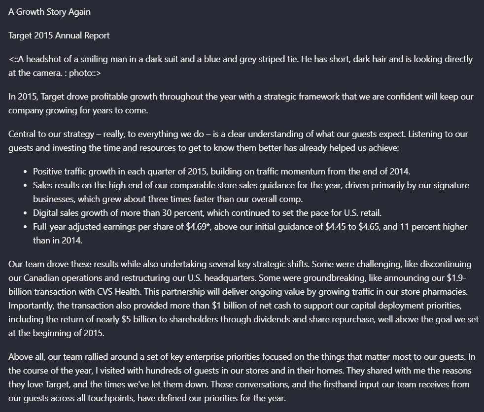 Output artifact for "Document hierarchy and reading-order reconstruction" test: Landing AI preserved the page title, the main paragraph, the bullet list, and even added a description of the portrait image. The failure is semantic rather tha, landing-ai-target-annual-report-growth-story-parsed-hierarchy.png