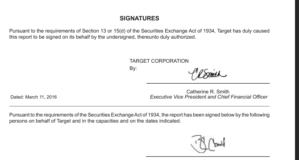 Input artifact for "Signature and attestation region extraction" test: Target annual report signatures page., landing-ai-target-annual-report-signatures-page-2.png