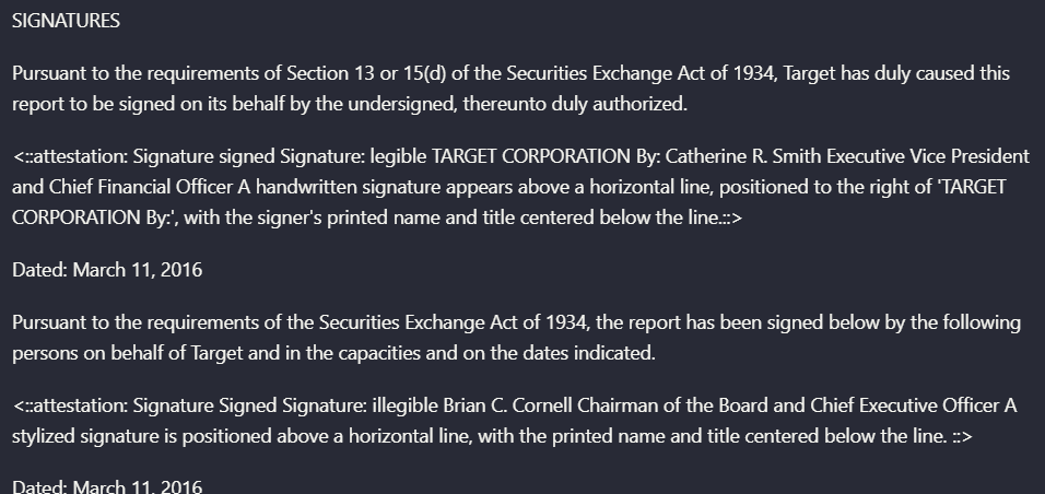 Output artifact for "Signature and attestation region extraction" test: Landing AI did more than extract nearby text from the signature page: it emitted attestation blocks describing the signature regions themselves. In this example, landing-ai-target-earnings-signatures-parsed-text.png