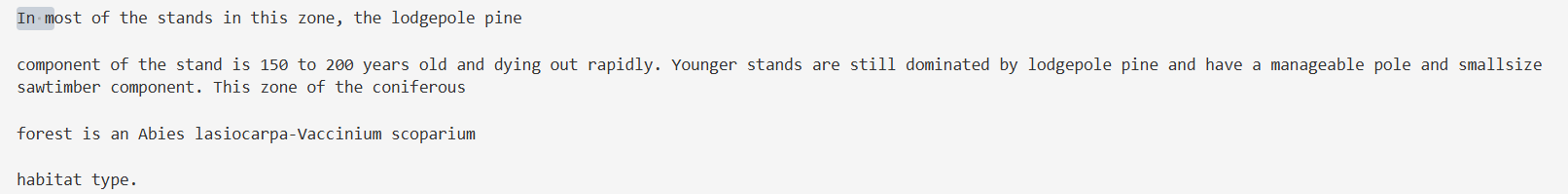 Output artifact for "Text Extraction" test: A cropped scanned-forest-paper fragment is clipped and OCR-garbled, with word splits and missing phrase boundaries., liteparse_input3_scannedpaper_text_fragment_parsed_failure.png
