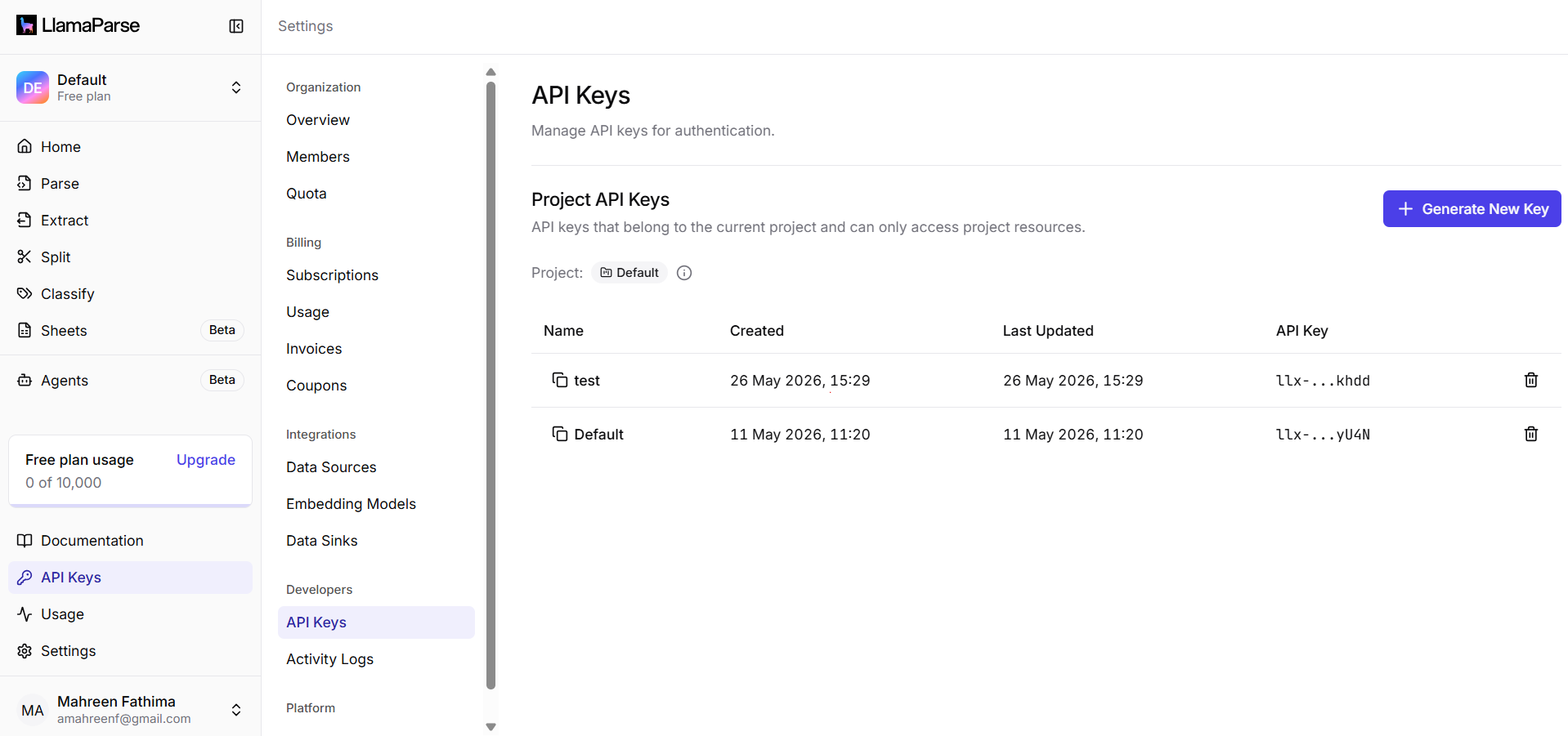 Output artifact for "Hosted API Access" test: The settings page shows Project API Keys, existing keys, and a Generate New Key control for the hosted service., llamaparse_apikey.png