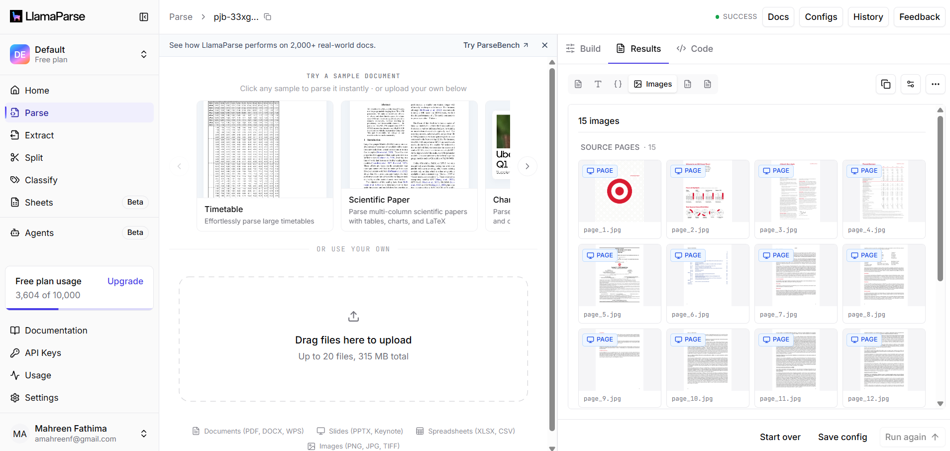 Output artifact for "Hosted API Access" test: The web app shows Docs, Configs, History, Parse/Extract/Split/Classify navigation plus source-page thumbnails and result controls, confirming a hosted workflow., llamaparse_downloadable_visual_assets.png