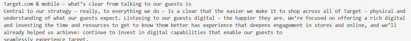 Output artifact for "Native PDF Text Extraction" test: The Target.com & mobile paragraph was extracted cleanly, preserving the full sentence across line breaks., markitdown_input1_hybridearnings_target_para_parsed_success.png