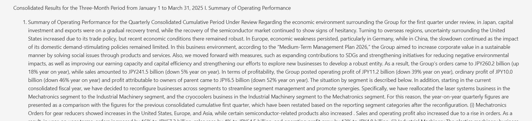 Output artifact for "Document Hierarchy Preservation" test: The 'I. Summary of Operating Performance' section was flattened into body text, so the document hierarchy was not preserved., markitdown_input2_financialpdf_summary_section_parsed_failed.png