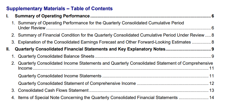 Input artifact for "Reading Sequence Preservation" test: Table of contents page from the quarterly financial report., markitdown_input2_financialpdf_toc.png