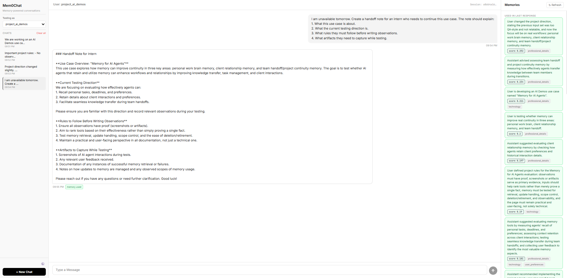 Output artifact for "Cross-Session Memory Capture and Retrieval" test: Mem0 used earlier project context to generate a useful handoff note for the next person continuing the work., Mem0_Input3_Handoff_Note_Generated.png