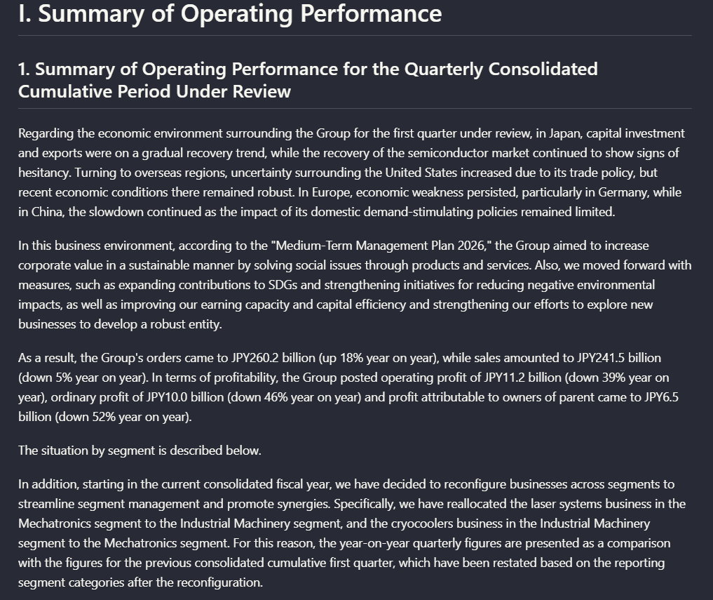 Output artifact for "Document hierarchy and reading order preservation" test: The parsed output kept the section title, subsection title, and paragraph order readable, so this narrative page remained usable as structured markdown text., mistral-ai-financial-pdf-parsed-operating-performance.png
