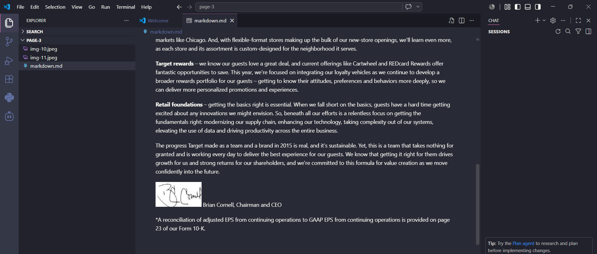 Output artifact for "Visual asset retention" test: The markdown workflow surfaced page content together with extracted page assets, letting report visuals remain associated with the original page rather than dis, mistral-ai-vscode-markdown-embedded-assets.png