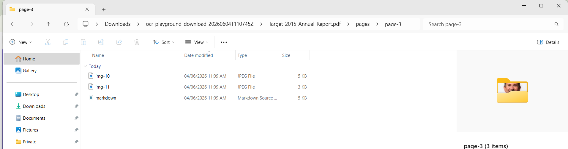 Output artifact for "Structured markdown export" test: Inside a page-level folder, the export included a markdown file plus separate image assets, showing that Mistral packages parsed content page by page instead of, mistral-ai-windows-explorer-page-folder.png