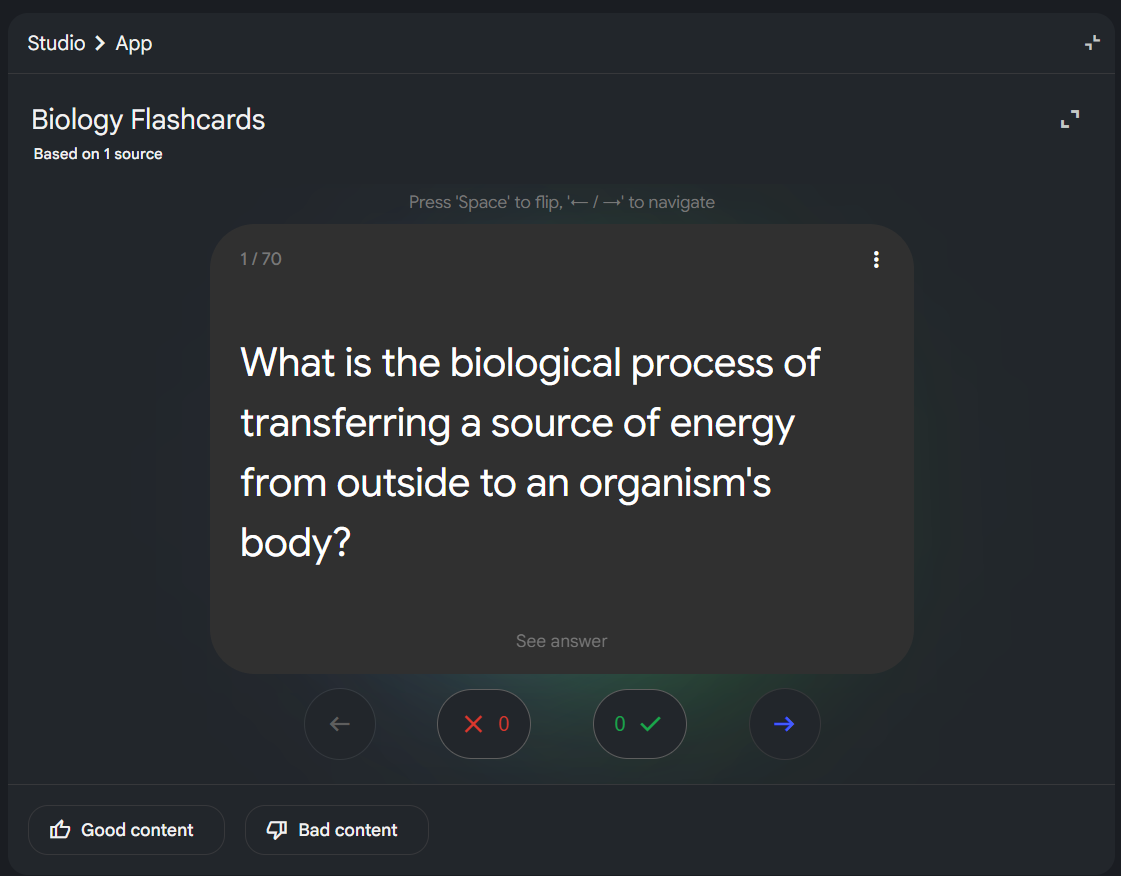 Output artifact for "Source-Linked Flashcards" test: Flip-style biology flashcard deck with grading controls; the screenshot shows card 1/70., notebooklm-flashcard-generator-output.png