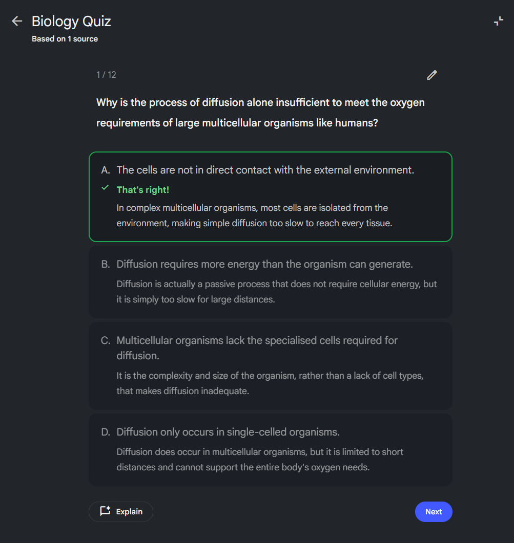 Output artifact for "Quiz Generation with Explanations" test: Multiple-choice quiz with feedback; the screenshot shows question 1/12 and explanatory text after the answer., notebooklm-quiz-generator-output.png