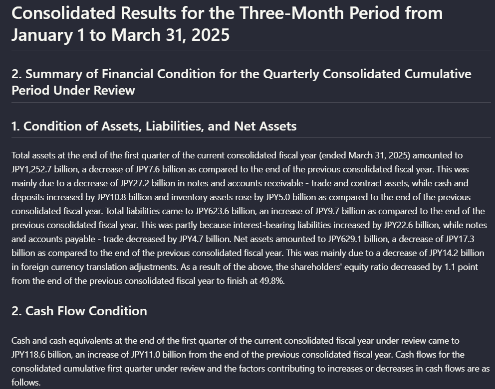 Output artifact for "Reading order, hierarchy, and OCR text recovery" test: On the financial-report page about assets, liabilities, net assets, and cash flow, Nutrient recovered the numbered sections and key JPY amounts as readable text, nutrient-io-financial-summary-ocr-hierarchy-page-8.png