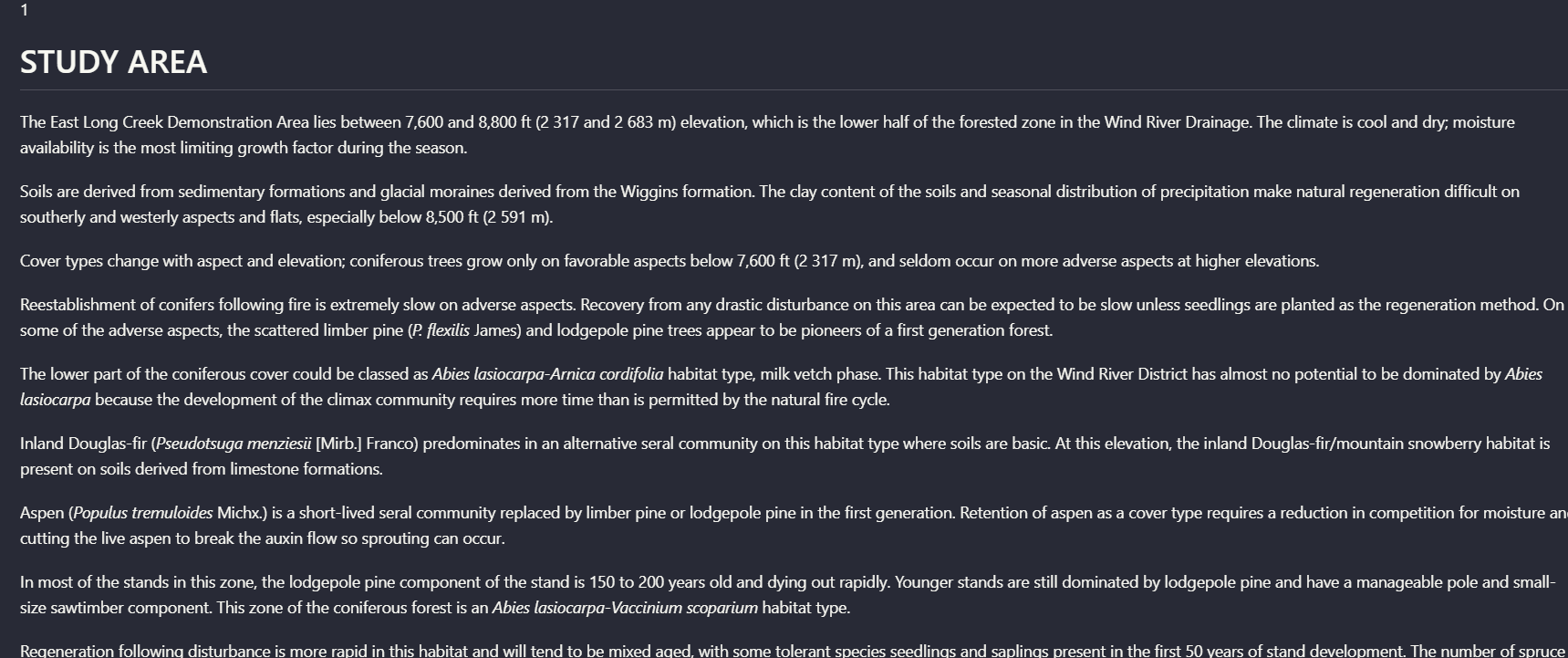 Output artifact for "Reading order, hierarchy, and OCR text recovery" test: On the scanned two-column 'STUDY AREA' page, Nutrient kept the section heading attached to its content and converted the visible column text into coherent parag, nutrient-io-study-area-parsed-section-hierarchy.png