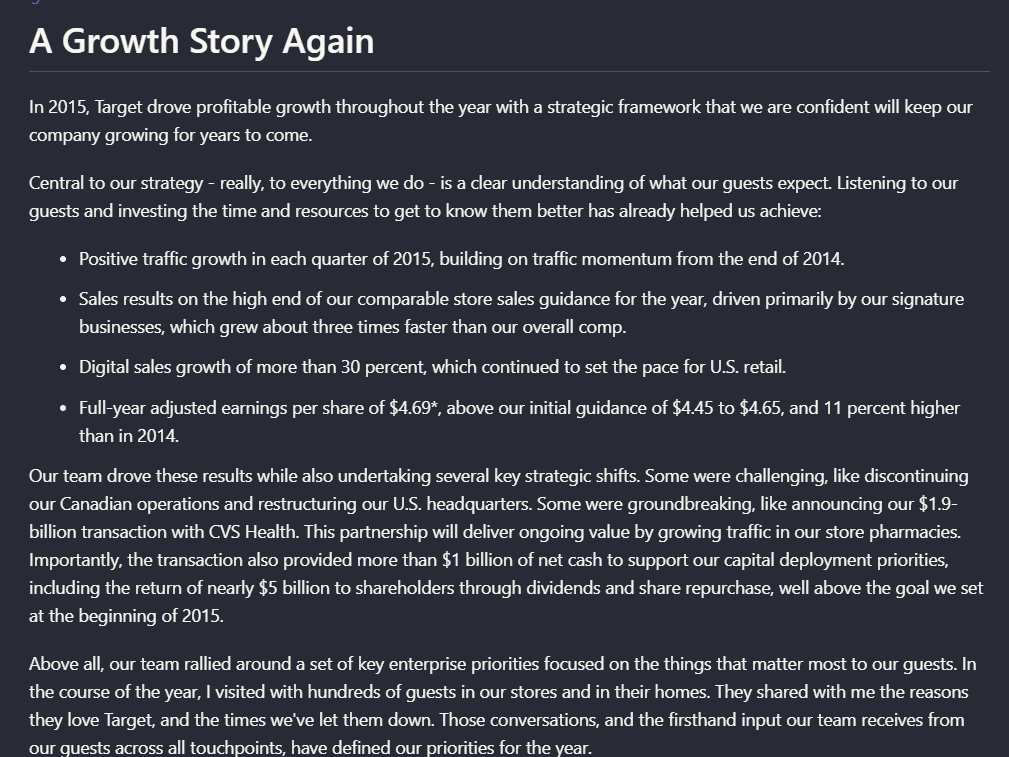 Output artifact for "Reading order, hierarchy, and OCR text recovery" test: On the annual-report page titled 'A Growth Story Again,' Nutrient preserved the page heading, introductory paragraph, and bullet hierarchy in readable order, so, nutrient-io-target-annual-report-parsed-document-hierarchy.png
