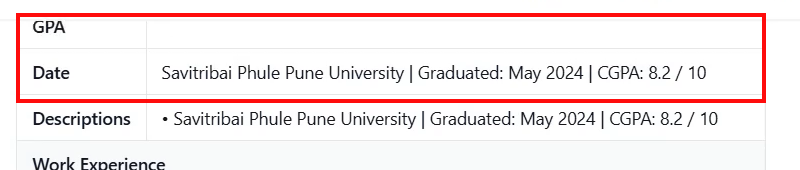 Output artifact for "Resume Parsing and Structured Field Extraction" test: The GPA field is blank while CGPA text has been placed into Date instead., openresume_task1_gpa-in-date-field.png