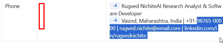 Output artifact for "Resume Parsing and Structured Field Extraction" test: The Phone field is blank while the resume text still shows +91-98765-00000 in the contact line, so the dedicated phone field was not populated., openresume_task1_phone-empty.png