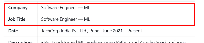 Output artifact for "Resume Parsing and Structured Field Extraction" test: Company and Job Title both resolve to the same value, 'Software Engineer — ML', showing a field-mapping failure., openresume_task2_company-jobtitle-mismatch.png