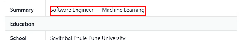 Output artifact for "Resume Parsing and Structured Field Extraction" test: The Summary field is populated with 'Software Engineer — Machine Learning', which is the resume's job-title headline rather than a profile summary., openresume_task2_summary-wrong.png