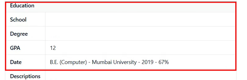 Output artifact for "Resume Parsing and Structured Field Extraction" test: School and Degree are blank, GPA is misread as '12', and the Date field contains the raw education line., openresume_task3_education-fields-failed.png