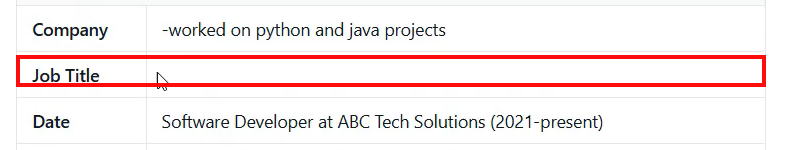 Output artifact for "Resume Parsing and Structured Field Extraction" test: Job Title is empty and the role information was pushed into Date, which reads 'Software Developer at ABC Tech Solutions (2021-present)'., openresume_task3_jobtitle-empty-2.png