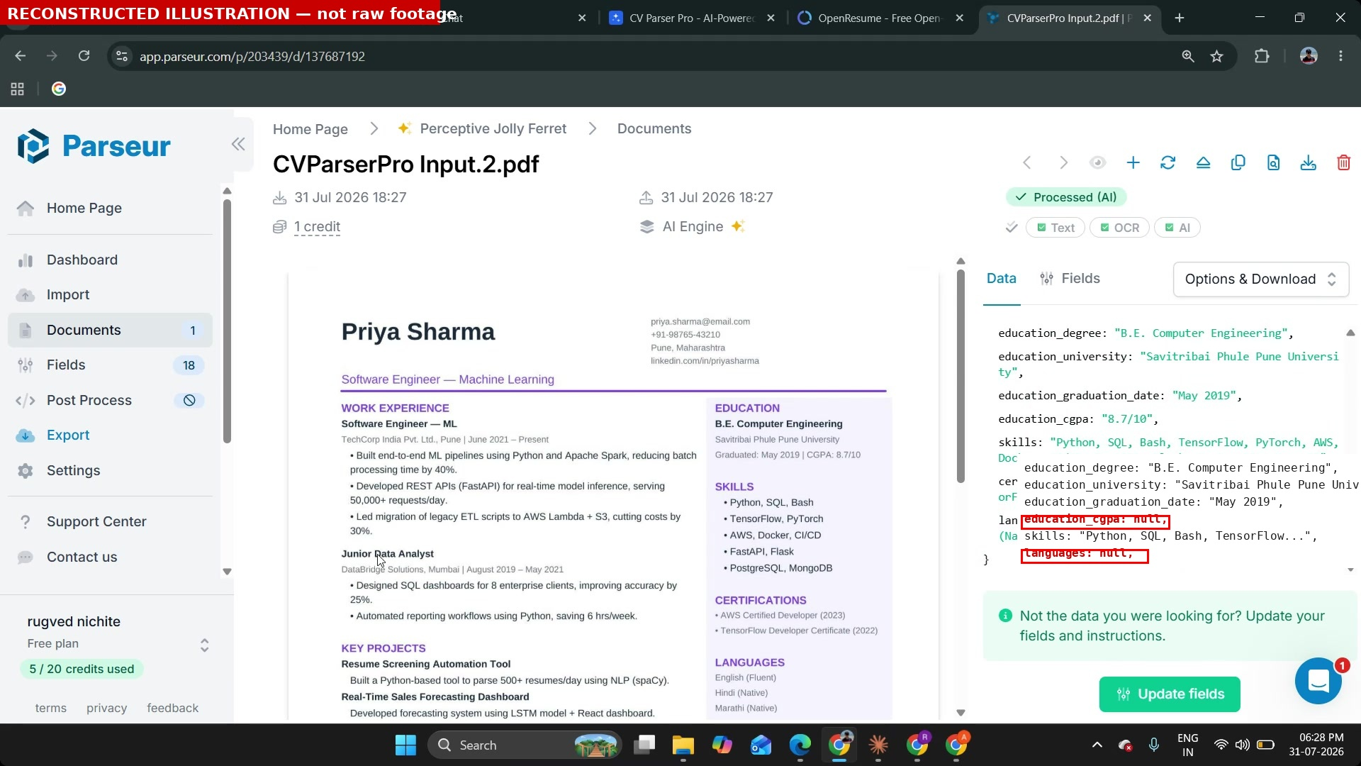Output artifact for "Mailbox-Based Resume Parsing" test: The multi-column PDF was accepted and marked Processed (AI) after the template was already configured., image-3.png