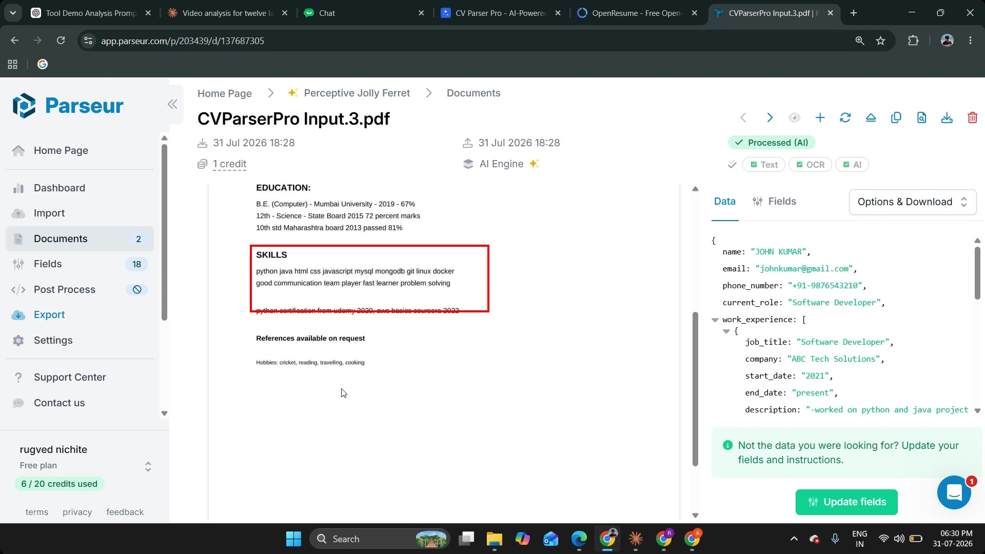 Output artifact for "Mailbox-Based Resume Parsing" test: The messy PDF was also accepted and processed AI, showing that inconsistent formatting did not block ingestion., image-4.png