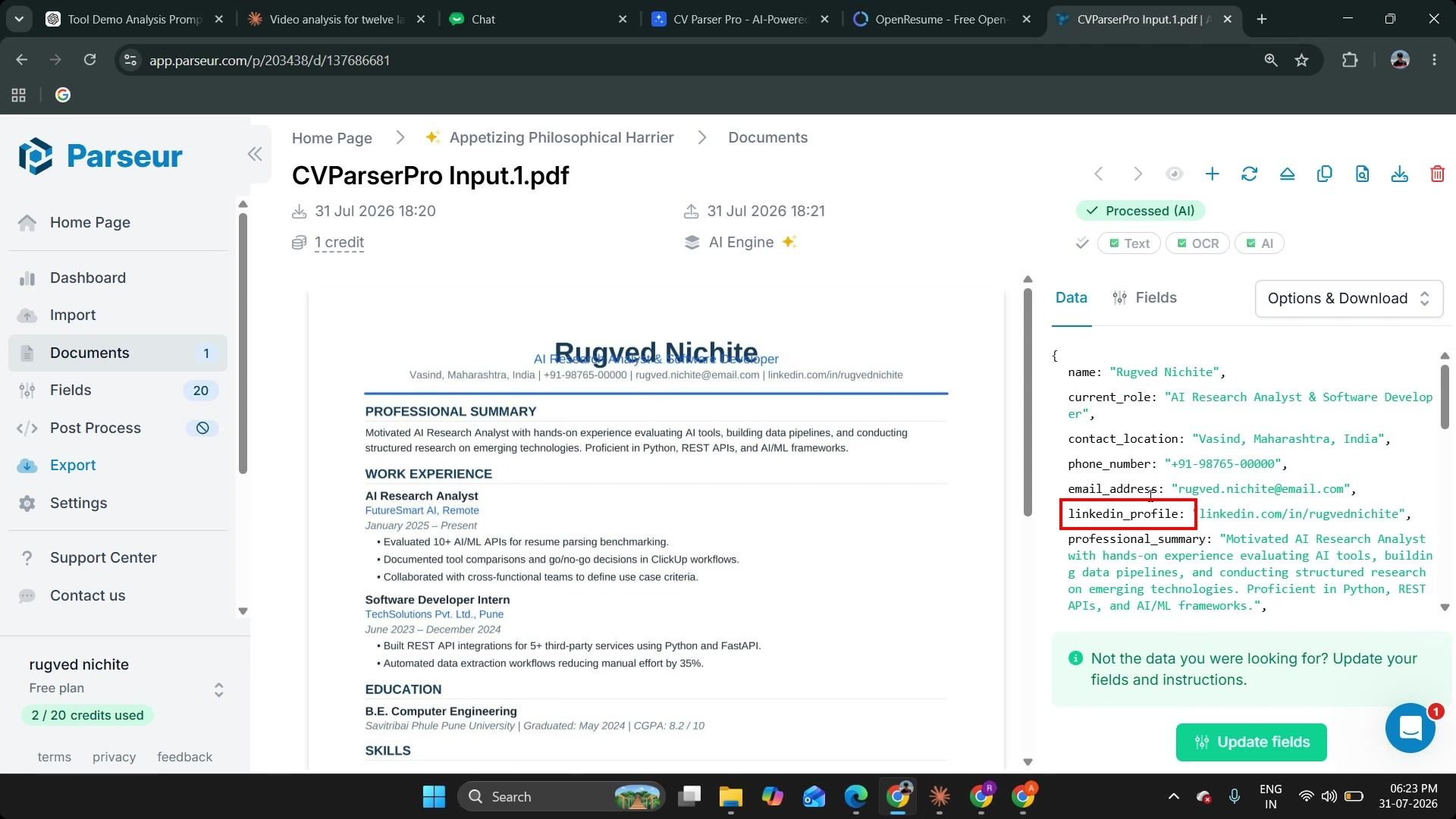 Output artifact for "Mailbox-Based Resume Parsing" test: The clean resume output includes current_role, contact_location, phone_number, email_address, and linkedin_profile., image-7.png