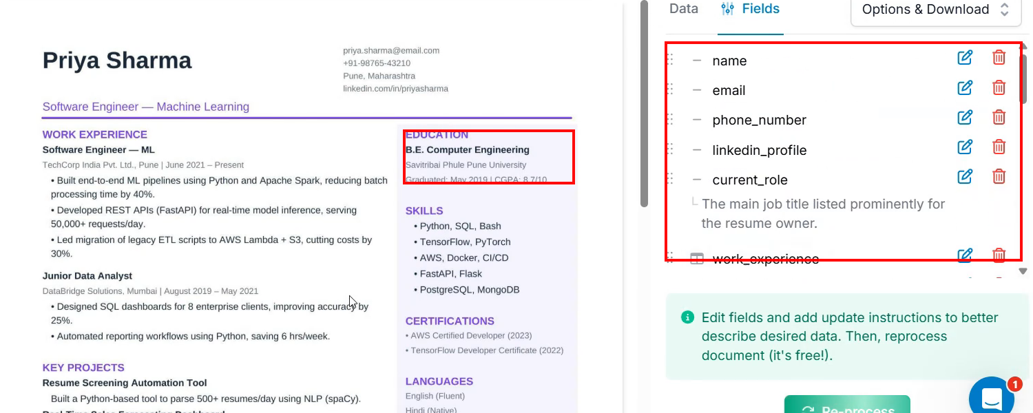 Output artifact for "Schema-Guided Resume Parsing" test: CGPA is visible in the source resume, but the template field list does not include a CGPA field., parseur_task2_cgpa-not-in-template.png