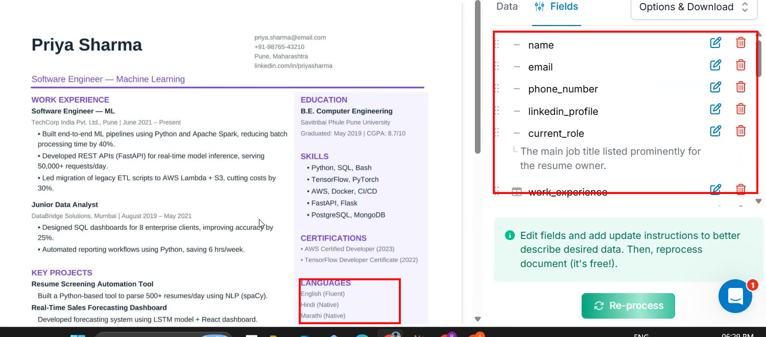 Output artifact for "Schema-Guided Resume Parsing" test: Languages are visible in the source resume, but the template field list does not include a languages field., parseur_task2_languages-not-in-template.png