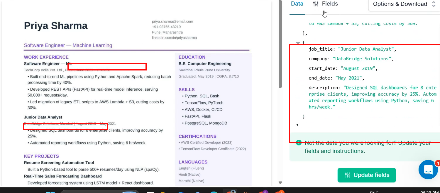 Output artifact for "Schema-Guided Resume Parsing" test: Work-experience locations are visible in the source, but the extracted structure only includes job title, company, dates, and description., parseur_task2_work-location-missing.png