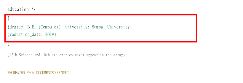 Output artifact for "Schema-Guided Resume Parsing" test: Only one education record is captured, and earlier school entries are omitted., parseur_task3_only-one-education-entry-mock.png