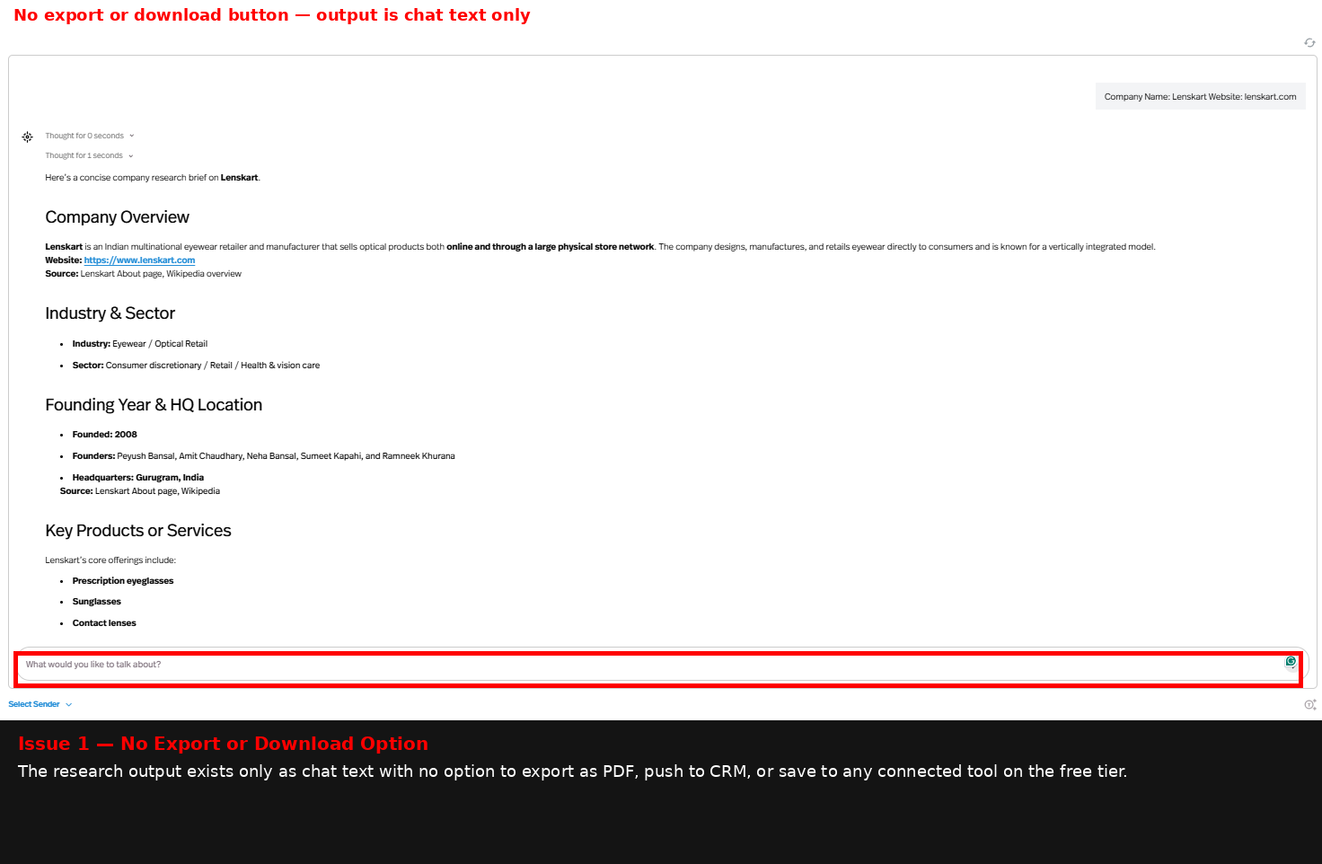 Output artifact for "Web Research and Source Citation" test: The research brief stayed as chat text only and had no export or download control on the free tier., image-15.png