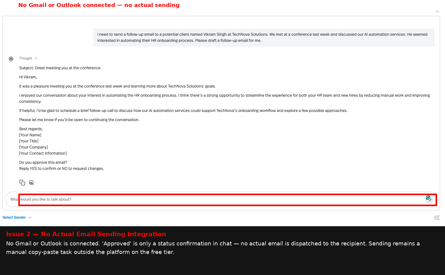 Output artifact for "Human Approval Workflow" test: The draft existed in chat only; no Gmail or Outlook integration was connected, so the message could not actually be sent from within Pickaxe., image-18.png
