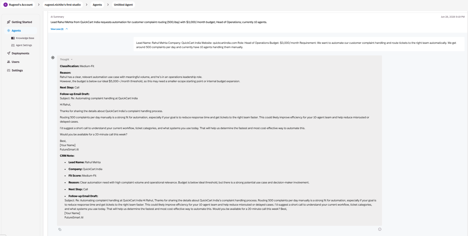 Output artifact for "Structured Output Generation" test: The agent classified Rahul Mehta as Medium-Fit, explained that the budget was below the ideal threshold, suggested a call, and drafted a personalized follow-up email plus CRM-style note fields., image-3.png
