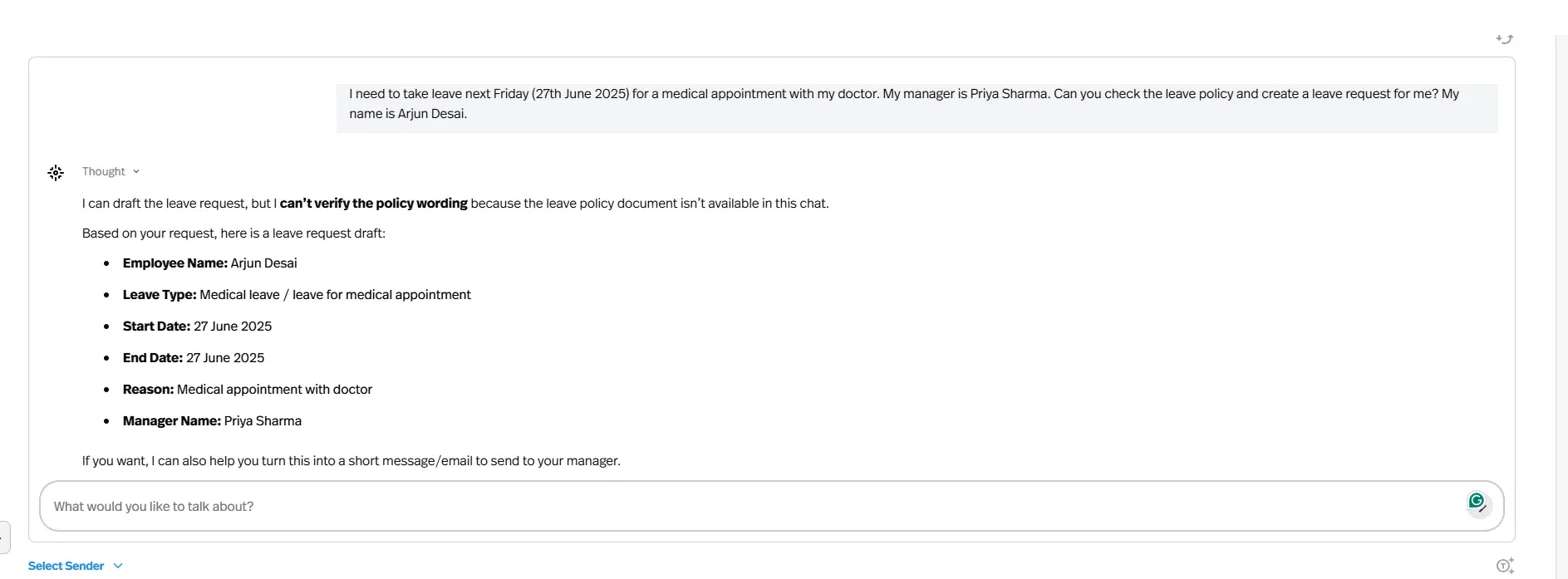 Output artifact for "Knowledge Base Integration" test: The agent drafted a leave request with the correct fields, but said it could not verify the policy wording because the leave policy document was not available in chat., image-6.png