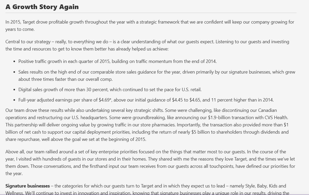 Output artifact for "Native Text Extraction" test: The Target growth-story page was extracted cleanly, with prose preserved in reading order and no visible fragmentation., pymupdf4llm_input1_hybridearnings_growth_section_parsed_success.png