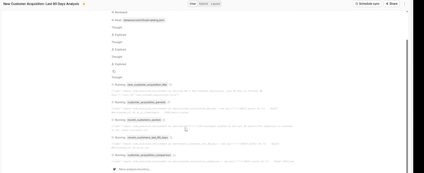 Output artifact for "Parallel Query Execution" test: Querio split the request into multiple outputs:
*   customer list for the last 90 days
*   count for the last 90 days
*   count for the previous 90 days
*   per, querio-querio-customer-acquisition-multiple-sql-outputs.png