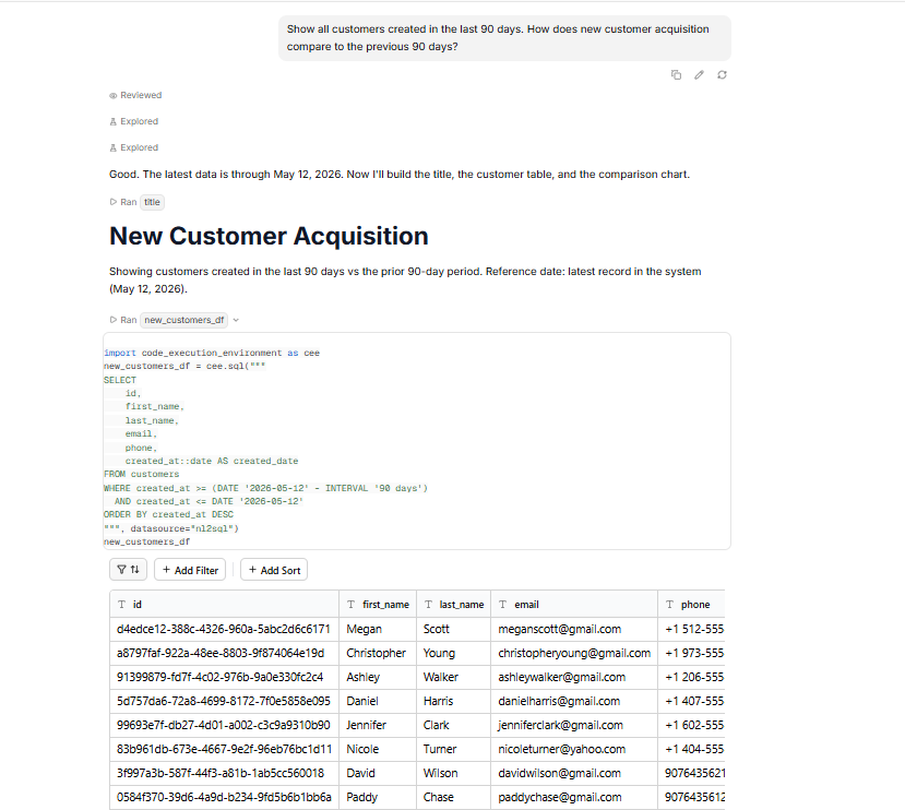 Output artifact for "SQL Visibility" test: Querio ran multiple SQL queries for the customer acquisition workflow.
The SQL was visible for the user to inspect, including separate logic for the customer li, querio-querio-customer-acquisition-sql-visibility.png