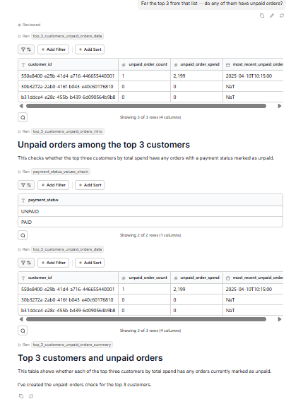 Output artifact for "Multi-Turn Query Context" test: Querio used the top-customer context from the previous result and checked unpaid orders for the selected customers.
The output identified unpaid-order status fo, querio-querio-top3-unpaid-order-context.png