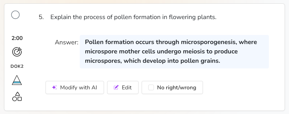Output artifact for "Bloom/DOK Question Calibration" test: Short-answer card shows Bloom's Taxonomy and DOK tagging alongside a generated answer about pollen formation in flowering plants., out1_shortanswer_blooms.png