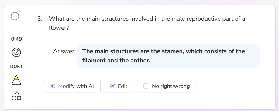 Output artifact for "Question Generation from Source Material" test: Very short answer item asking for the main structures involved in the male reproductive part of a flower, answered with stamen, filament, and anther., out1_veryshortanswer.png